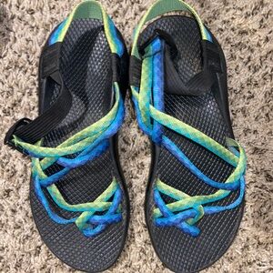 Green and blue chacos